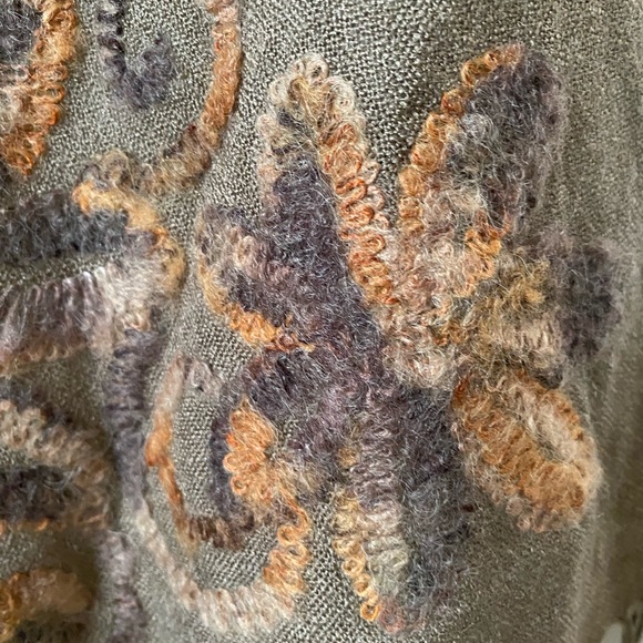 Coldwater Creek Wool blend Embroidered Wrap Dark Olive Green Fringe trim - Picture 9 of 11